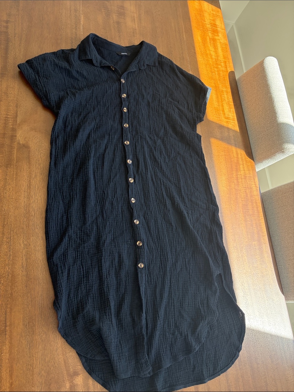 Button-Front Black  Midi Shirt Dress